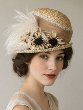 Patricia Josephine ASD Straw Cloche Hat Antique Style 20s Gatsby Floral Feather